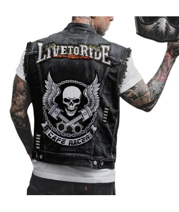 Biker-Jeansweste mit Patch – Café Racer Winged Skull soldes