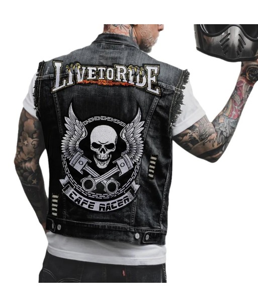 Biker-Jeansweste mit Patch – Café Racer Winged Skull soldes